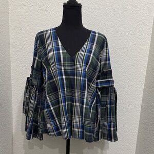 Gianni Bini Blue and Green Plaid Blouse with Bell Sleeves